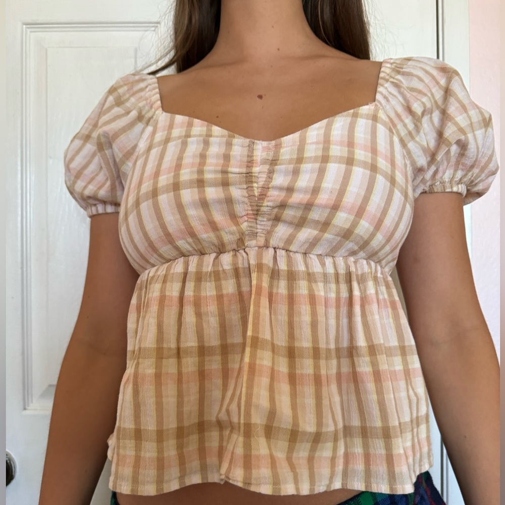 BP puff sleeve plaid blouse